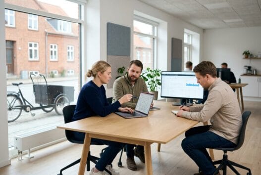 Skandinavisk webbureau i Vantinge med team, computerarbejde og digitale dashboards i moderne kontor