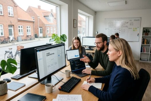 Skandinavisk team arbejder med webdesign og SEO på kontor i varde