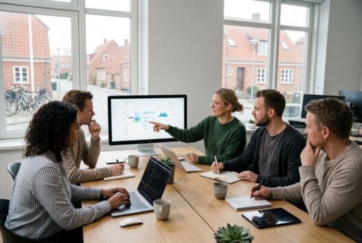 Skandinavisk team arbejder med webdesign og SEO på kontor i Varnæs