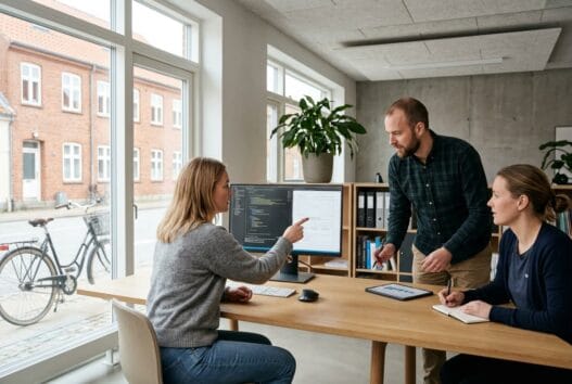 Realistisk webbureau i Vebbestrup med dansk team foran computer og digitale dashboards