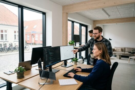 Moderne webbureau i vedde med dansk team, der arbejder med skærme, data og digital markedsføring