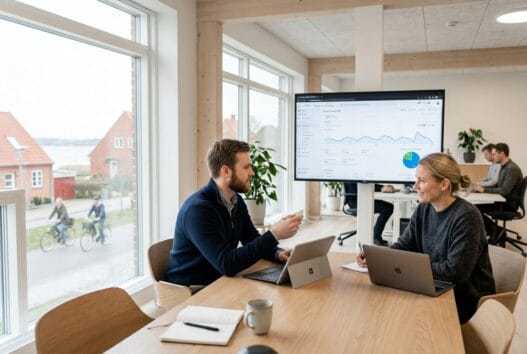 Realistisk webbureau i Veddelev med dansk team foran skærme og digitale dashboards