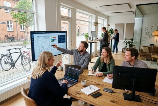 Moderne kontor med dansk webbureau i veflinge, hvor et team arbejder med digitale løsninger og data