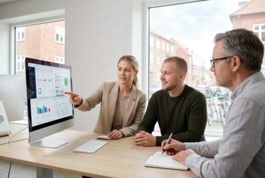 Skandinaviskt team arbejder med webdesign og SEO på kontor i vegger