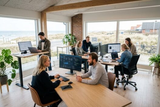 Moderne webbureau i Vejby Strand med dansk team foran skærme og digitale dashboards