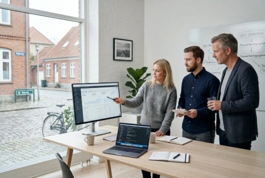 Dansk webbureau i Vejen med team foran skærme i et moderne kontormiljø
