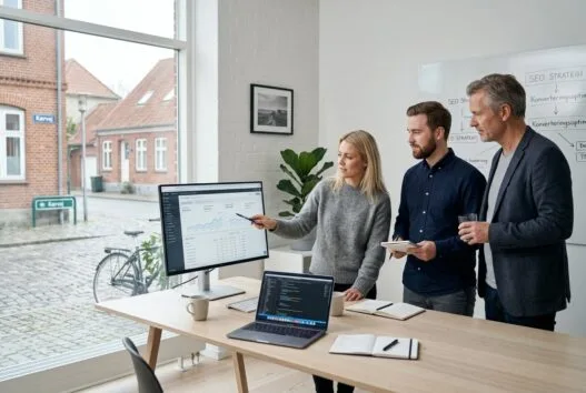 Dansk webbureau i Vejen med team foran skærme i et moderne kontormiljø