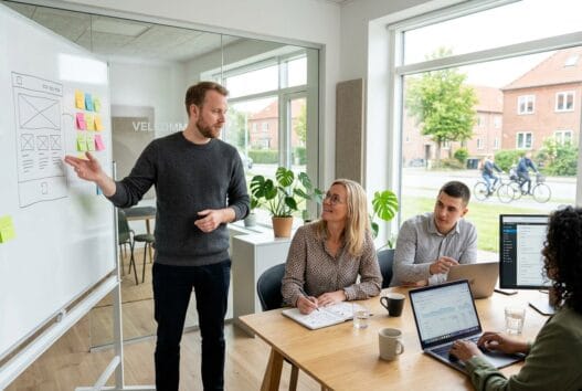 Moderne webbureau i Vejlby med team ved computer og digitale dashboards