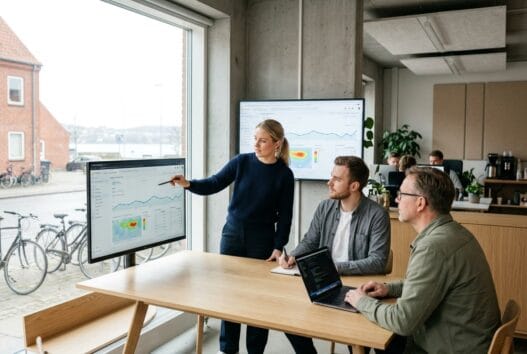 Moderne webbureau i Vejle med dansk team foran skærme og dashboards i et lyst kontor