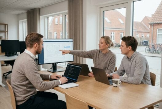 Moderne webbureau i Vejrumbro med team ved computer og digitale dashboards
