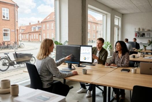 Moderne webbureau i Vejrup med dansk team, der arbejder med design, kode og digitale dashboards