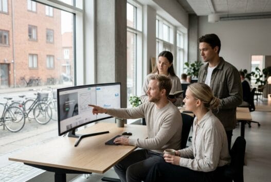 Dansk webbureau i Vejruplund med team ved computere og digitale dashboards i lyst kontor
