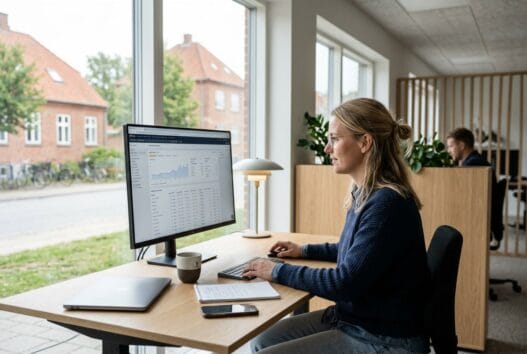 Skandinavisk team arbejder med webdesign og SEO i et moderne kontor i Vejstrup