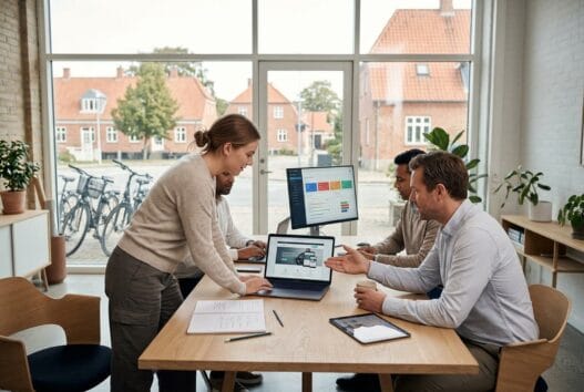 Moderne webbureau i Veksø med dansk team, der arbejder ved computere i lyst kontormiljø