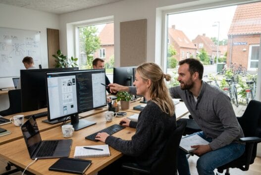 Skandinavisk webbureau i Vellerup med team ved computere og digitale dashboards i moderne kontor