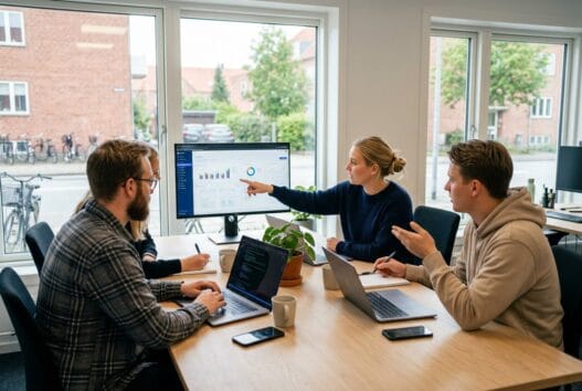 Moderne webbureau i vellev med team foran dashboards, kode og design i lyst skandinavisk kontor