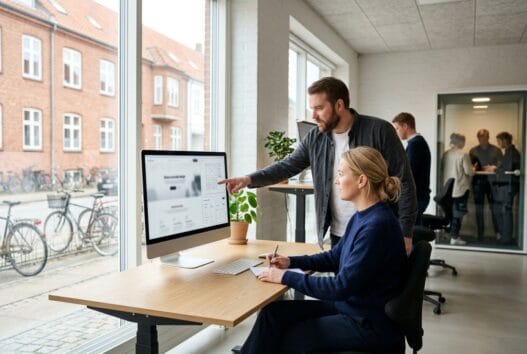Skandinavisk webbureau i Velling med team foran skærme og digitale dashboards