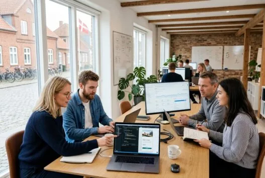 Dansk webbureau i Vemb med team ved computere og dashboards i moderne kontormiljø