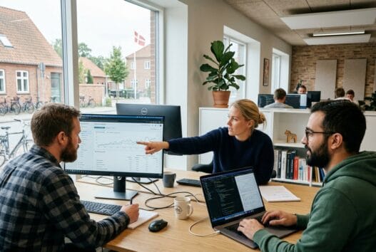 Moderne webbureau i Verninge med dansk team foran computer og dashboards