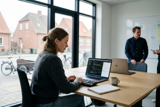 Skandinavisk webbureau i vesløs med team ved computere og digitale dashboards i naturligt lys