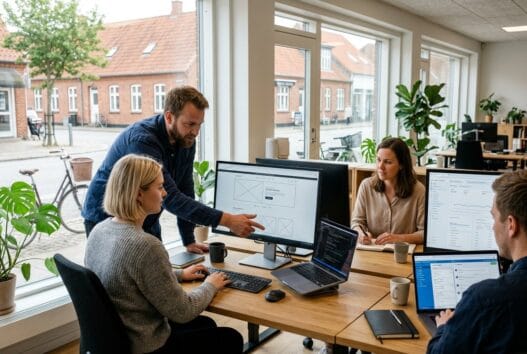 Dansk webteam arbejder med design og digitale dashboards i et moderne kontor i vestbirk