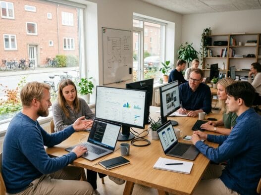 Skandinavisk webbureau i Vestbjerg med medarbejder ved computer og digitale dashboards