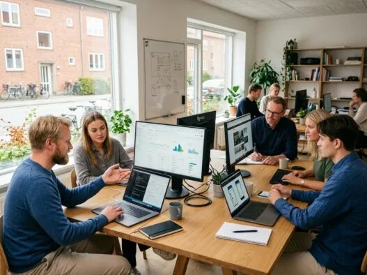 Skandinavisk webbureau i Vestbjerg med medarbejder ved computer og digitale dashboards