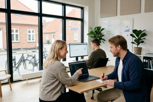 Moderne webbureau i vester haesinge med dansk team ved computerskærme og digitale dashboards
