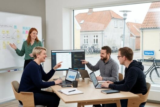 Moderne webbureau i Vester Hornum med dansk team, computerarbejde og digitale dashboards
