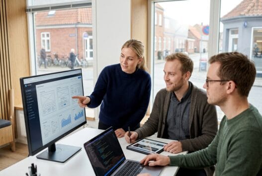 Dansk webbureau arbejder ved computer med digitale dashboards i vester nebel (6040)