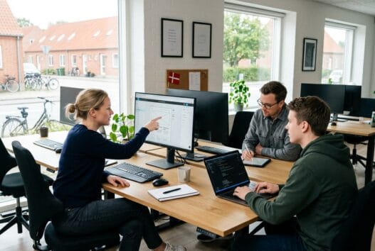 Moderne webbureau med dansk team ved computer i vester nebel (6715)