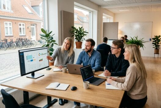 Webbureau i Vester Skerninge med dansk team, der arbejder ved computere i et moderne kontormiljø