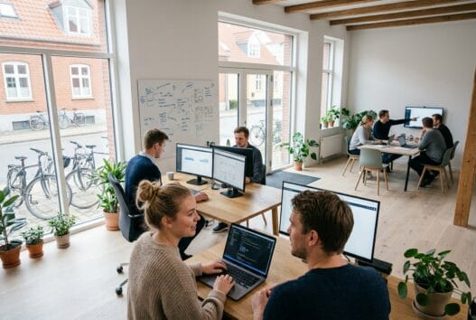 Moderne webbureau i Vester Soeby med danske medarbejdere foran skærme og digitale dashboards