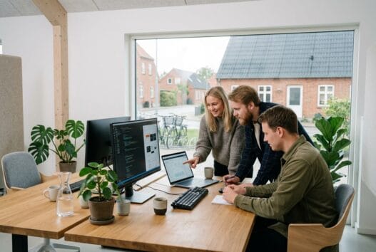Moderne webbureau i vester sottrup med dansk team ved computer og digitale dashboards