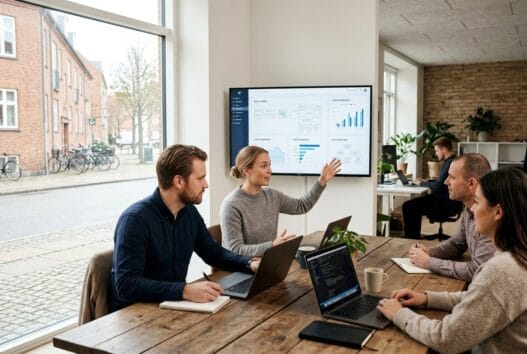 Moderne webbureau i vester vedsted med team ved computer og digitale dashboards