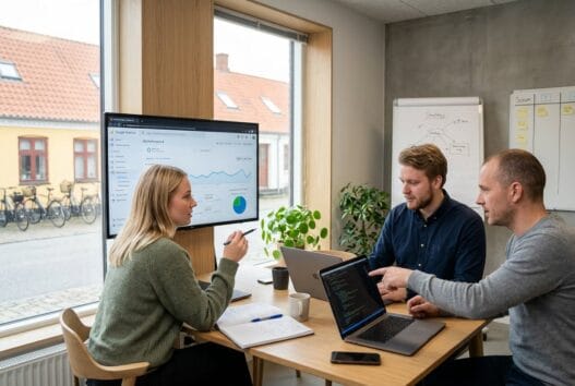 Skandinavisk webbureau i Vestermarie med team ved computer og digitale dashboards