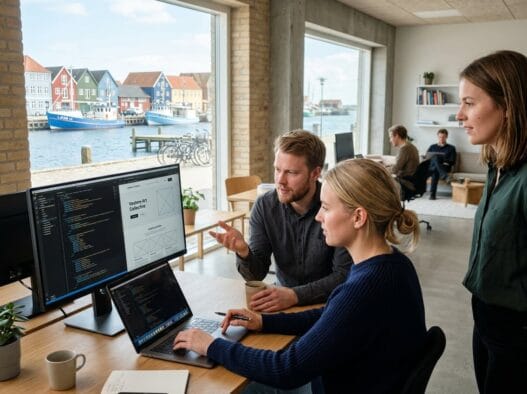 Moderne webbureau i Vesterø Havn med danske medarbejdere foran computer og digitale dashboards