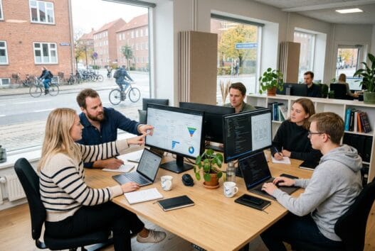 Skandinavisk team arbejder med webdesign og SEO på kontor i Vestervang