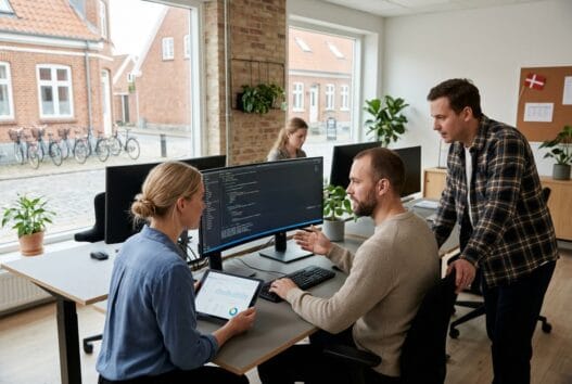 Skandinavisk team arbejder med webdesign og digitale data i Vestervig