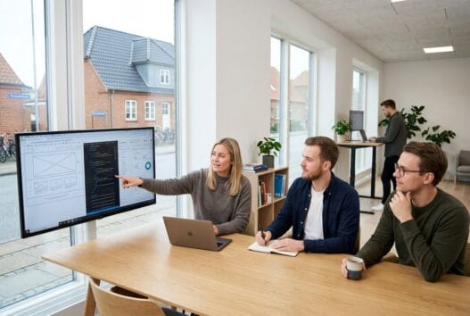 Dansk webbureau i vetterslev med team ved computer og dashboards i moderne kontor