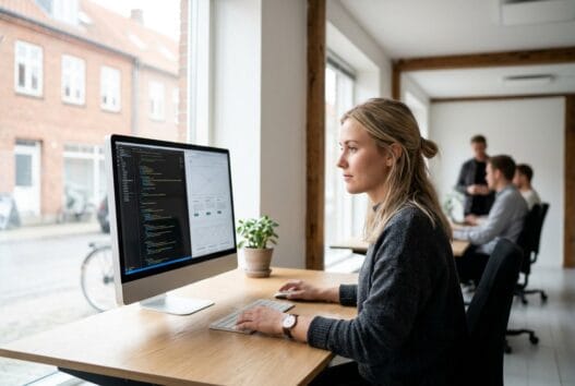 Moderne kontor med dansk webbureau i Viborg, hvor et team arbejder med digital strategi og design
