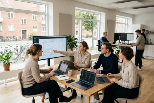 Skandinavisk team arbejder med webdesign og SEO på kontor i Viby