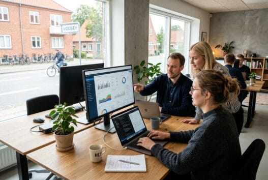 Realistisk team på moderne kontor i Videbæk arbejder med webdesign og digital markedsføring
