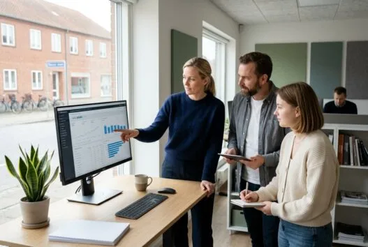 Dansk webbureau i Videbaek med team ved computer og digitale dashboards