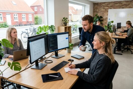 Skandinavisk team arbejder med webdesign og dashboards på kontor i vig