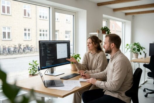 Moderne webbureau i Vigersted med team ved computer og digitale dashboards