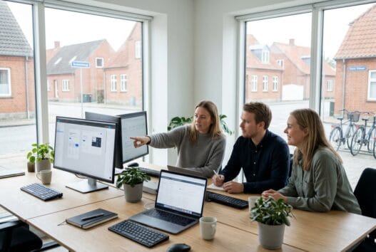 Realistisk webbureau-team i Vildbjerg arbejder med design og digitale løsninger på moderne kontor
