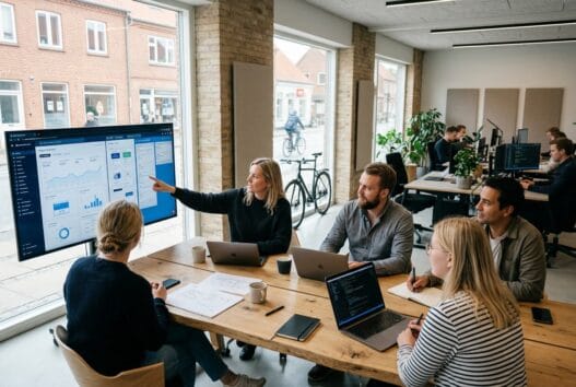 Moderne webbureau i vils med dansk team ved computer og digitale dashboards