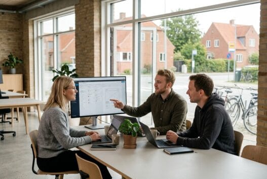 Skandinavisk webbureau i vind med team ved computer og dashboards i naturligt lys