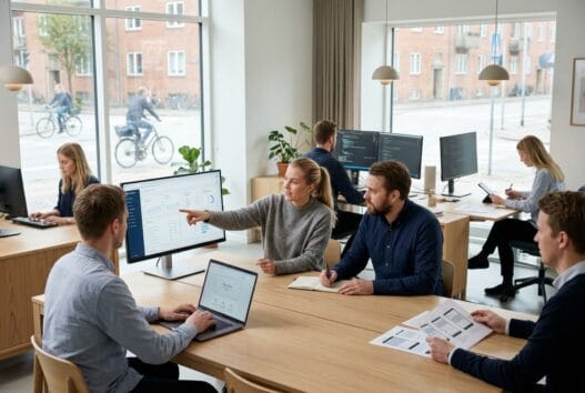 Moderne webbureau i vindblæs med dansk team foran skærme og digitale dashboards